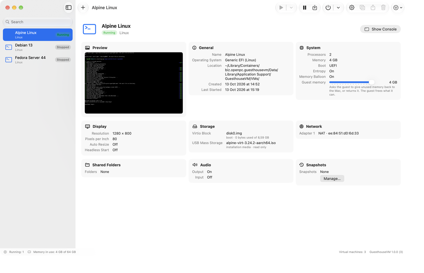The GuesthouseVM library with a running Alpine Linux machine