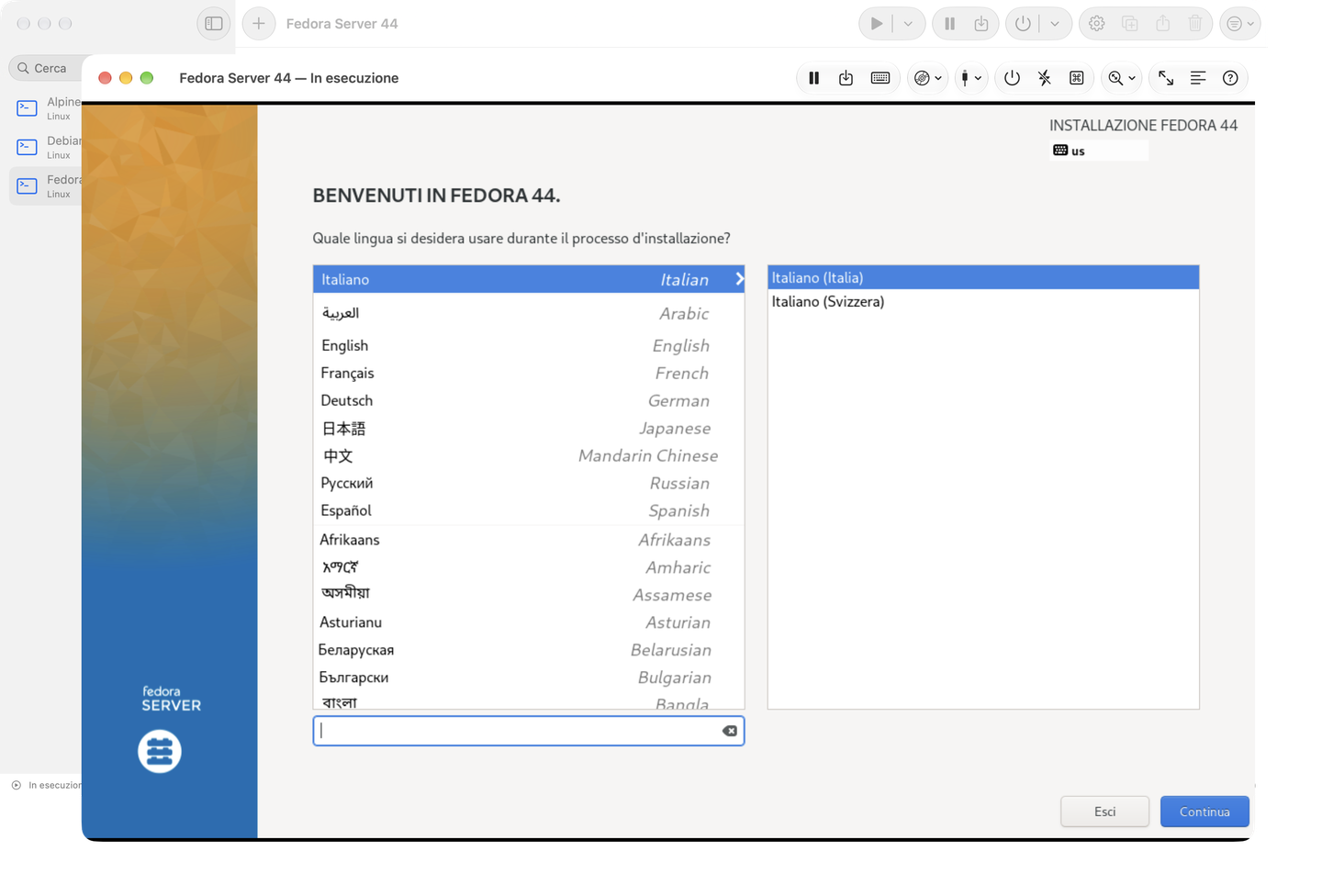 La console con l'installer di Fedora Server